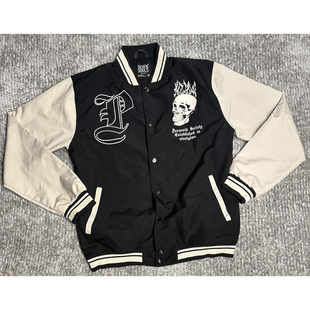 Seven Souls Unisex Adult's Skulls Varsity Style Jacket Black Medium